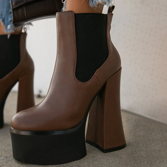 Dark Brown Round Toe Platform Chelsea Ankle Boots with Chunky Heel
