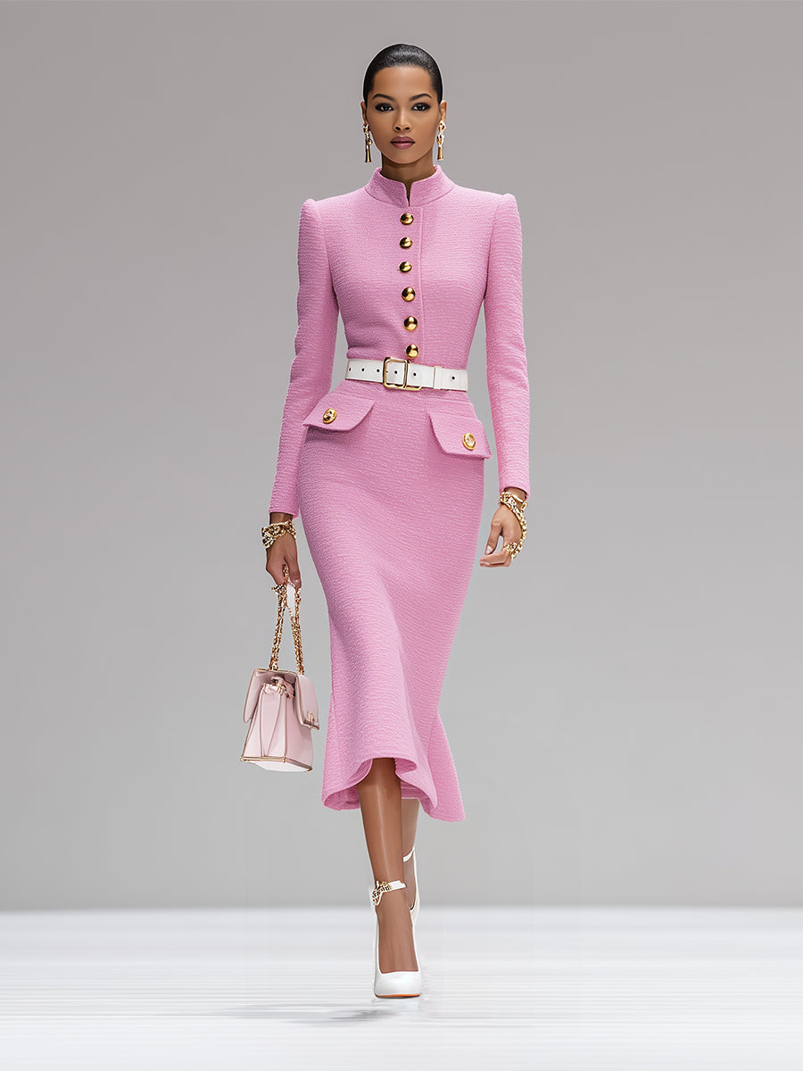 Fashion Pink Tweed Round Neck Gold Button Midi Dress