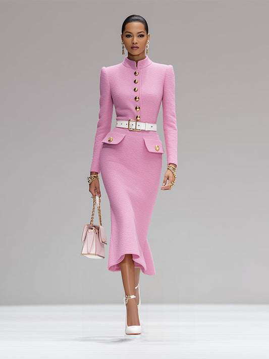 Fashion Pink Tweed Round Neck Gold Button Midi Dress