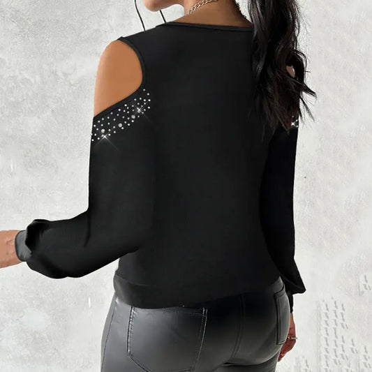 Fashion Cold Shoulder Rhinestone Mesh Drape Neck Lantern Sleeve Blouse