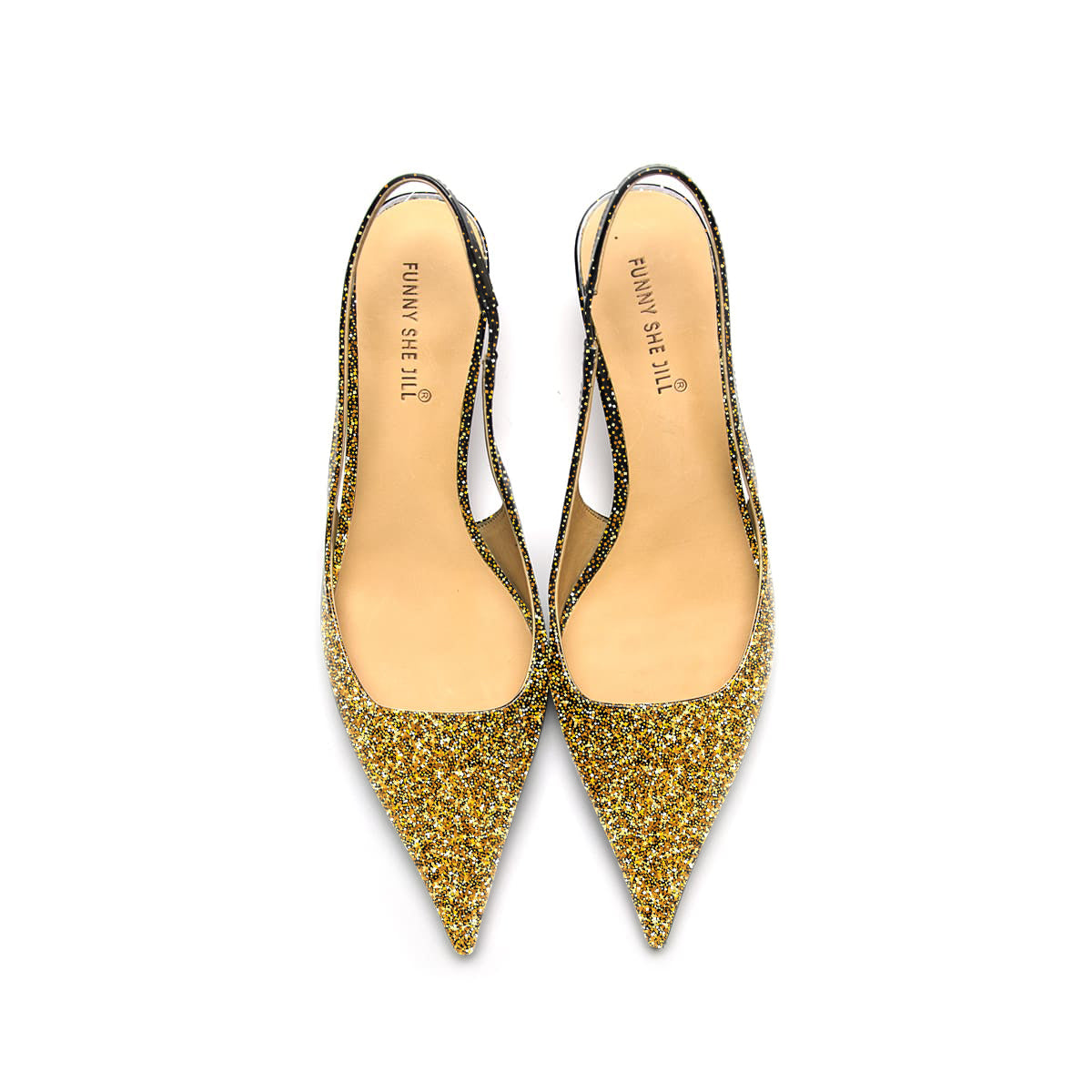 Glitter Pointed Toe Sparkling Gold Slingback Kitten Heel Pump For Women