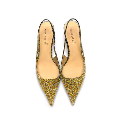 Glitter Pointed Toe Sparkling Gold Slingback Kitten Heel Pump For Women