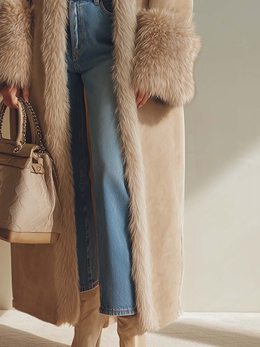 Elegant High-end Faux Fur Trim Apricot Fleece-lined Faux Suede Long Coat