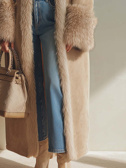 Elegant High-end Faux Fur Trim Apricot Fleece-lined Faux Suede Long Coat