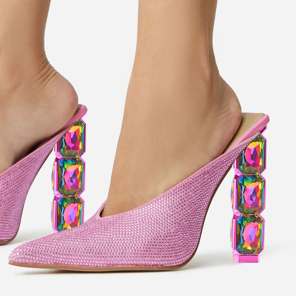 Elegant Pink Pointed Toe Decorative Heel Rhinestone Mules Sandals