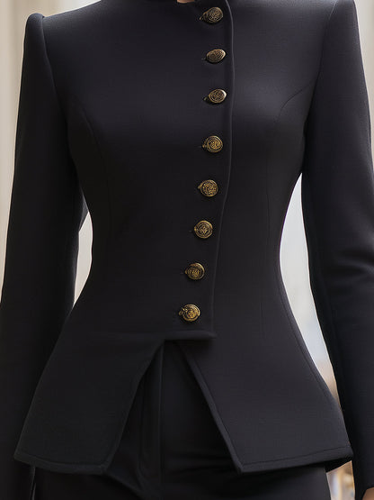 Elegant High-Collar Black Blazer With Gold Statement Buttons