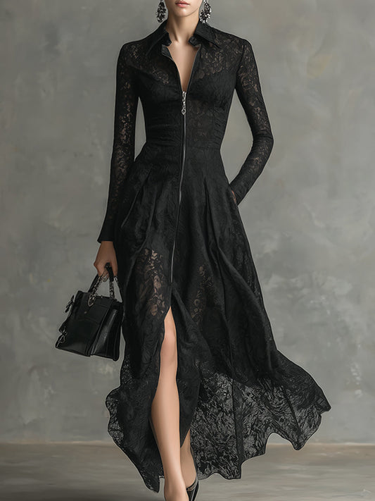 Elegant Luxury Lapel Front Zipper Black Lace Long Sleeve Maxi Dress