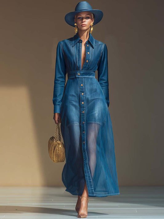 Exquisite And Fashionable Front Button V-neck Long Sleeve Organza Blue Denim Maxi Dress