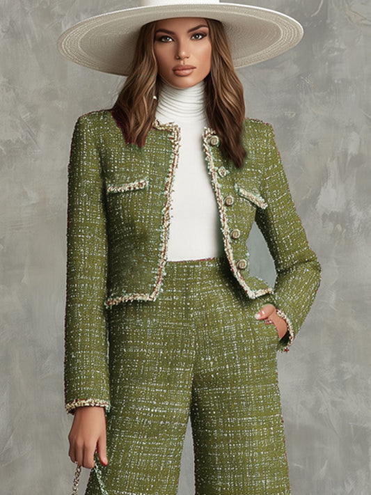Elegant Textured Fabric Jacket And Wide-leg Pants Set