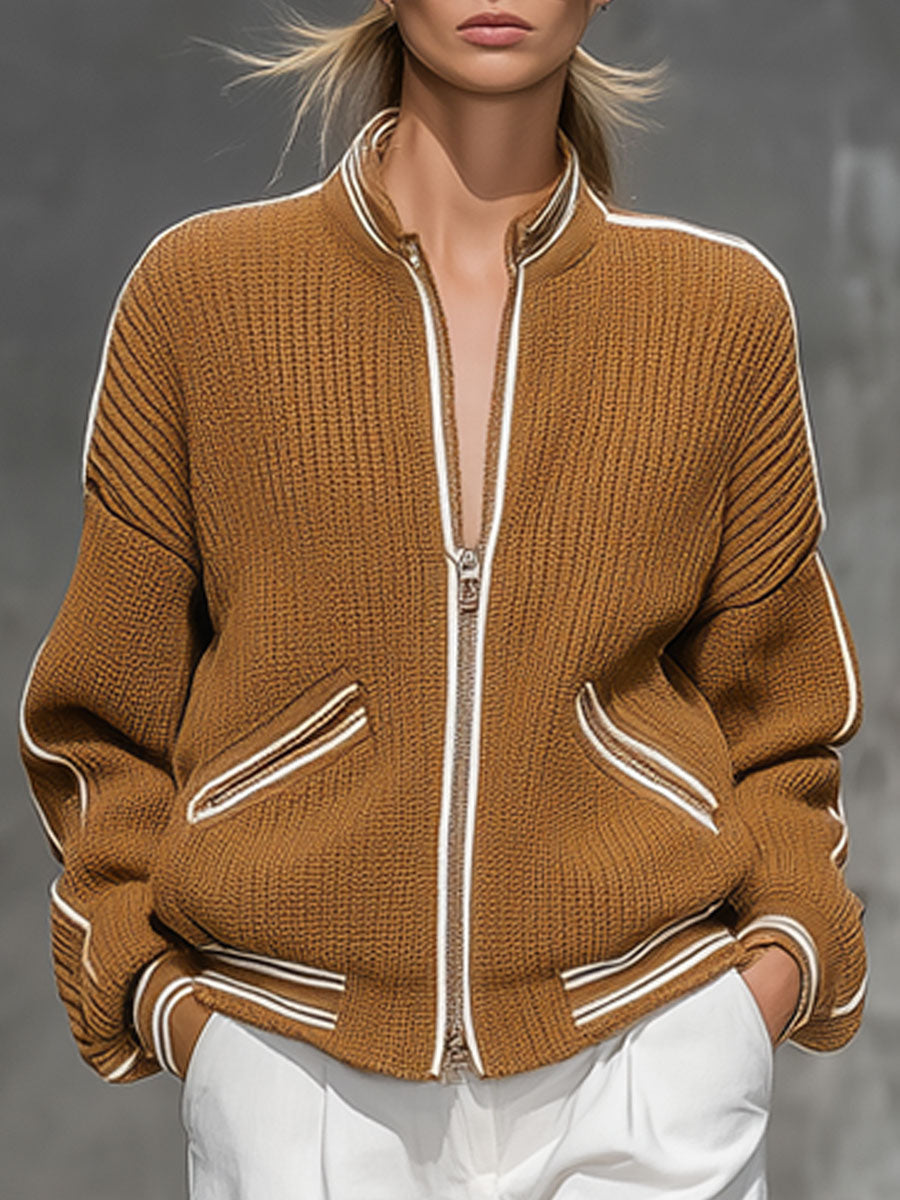Fashion Retro White Trim Camel Knit Zipper Jacket Cardigan