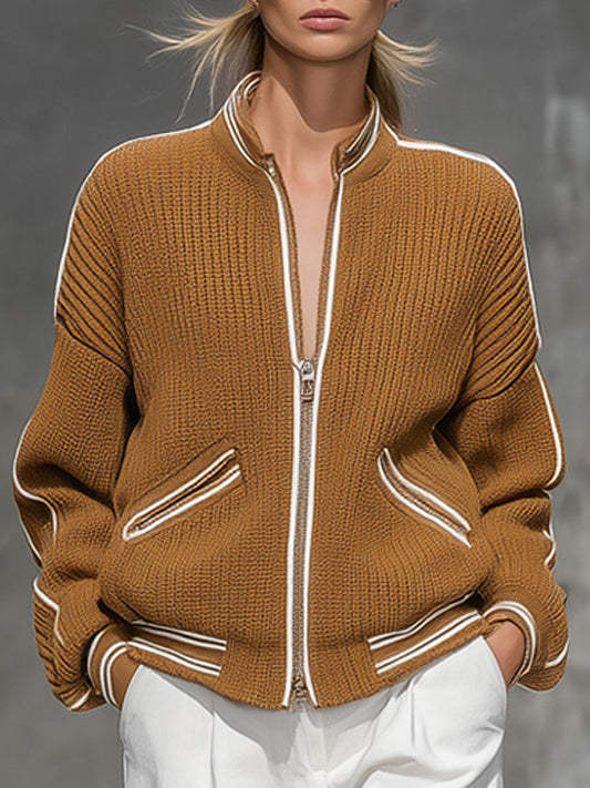 Fashion Retro White Trim Camel Knit Zipper Jacket Cardigan
