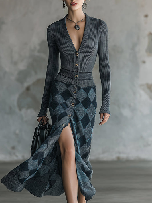 Elegant Grey Diamond Check Button-front Knitted Long-sleeved Maxi Dress