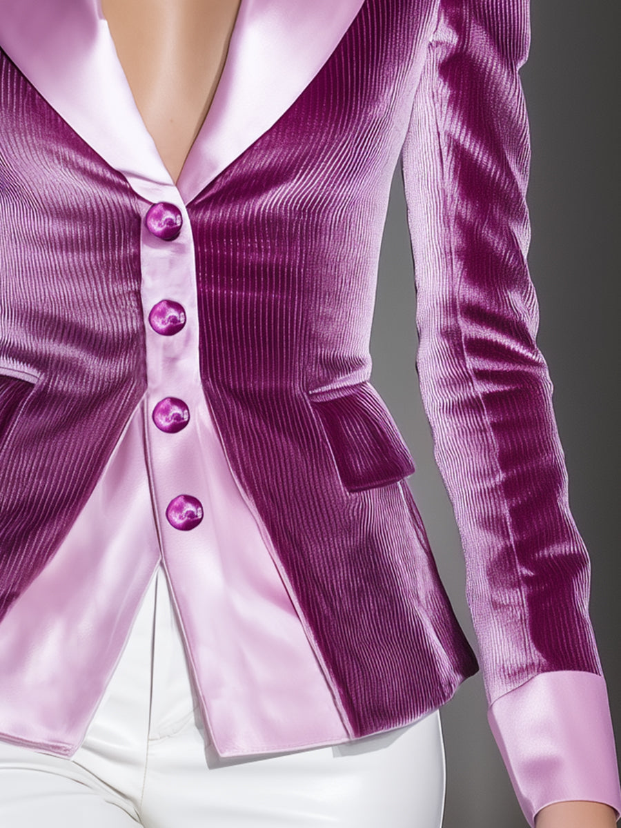 Fashionable Pink Corduroy And Satin Button Blazer
