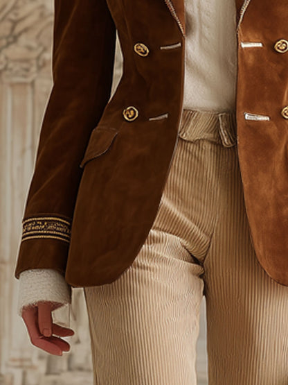 Fashion Vintage Gold Trim Caramel Faux Suede Blazer