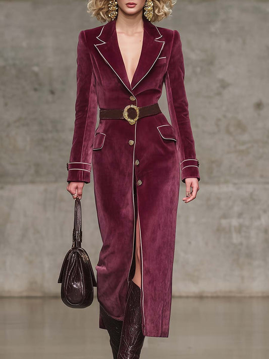 Exquisite Vintage Western Notch Lapel White Trim Front Button Raspberry Red Velvet Coat