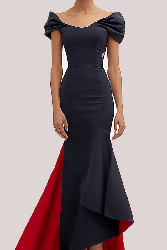 Evening Gown Dress Contrast Color Boat Neck Maxi Dress