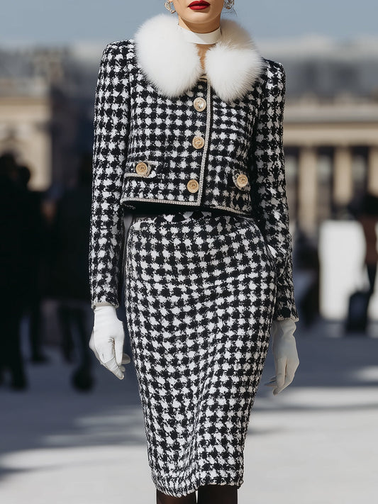 Elegant Houndstooth Tweed Skirt & Jacket Set With Detachable Faux Fur Collar