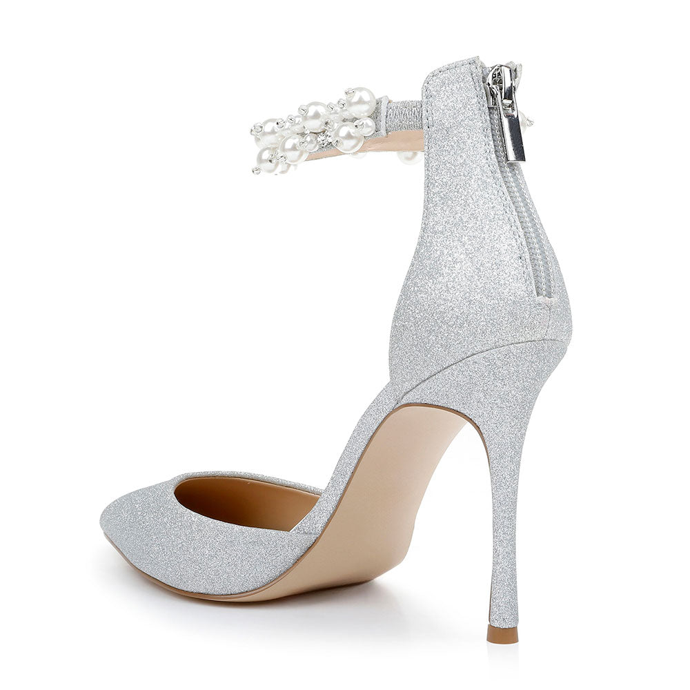 Glitter Pointed Toe Pearl Decor Ankle Strap Stiletto Heel Silver Pumps