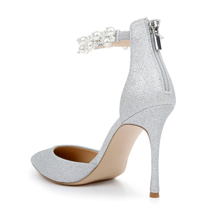 Glitter Pointed Toe Pearl Decor Ankle Strap Stiletto Heel Silver Pumps