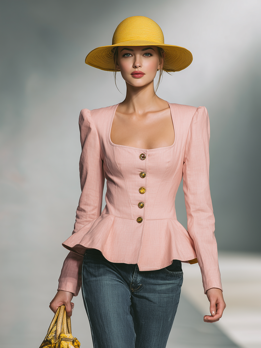 Elegant Square Collar Metal Button Peplum Shirt