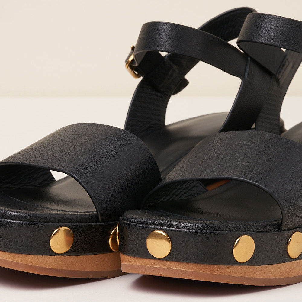 Ankle Strap Block Heel Studded Black Platform Sandals for Women
