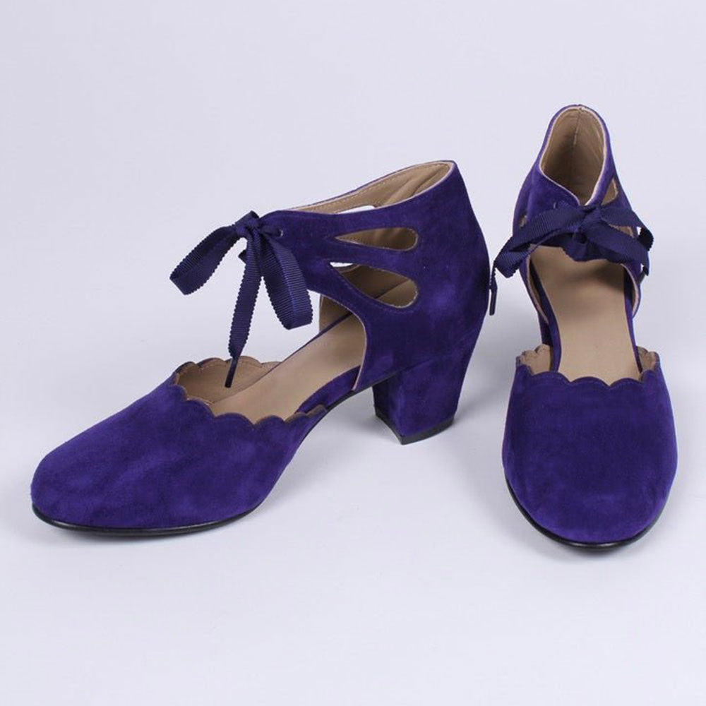 Faux Suede Block Heel Ankle Strap Lace-Up Purple Pumps for Women