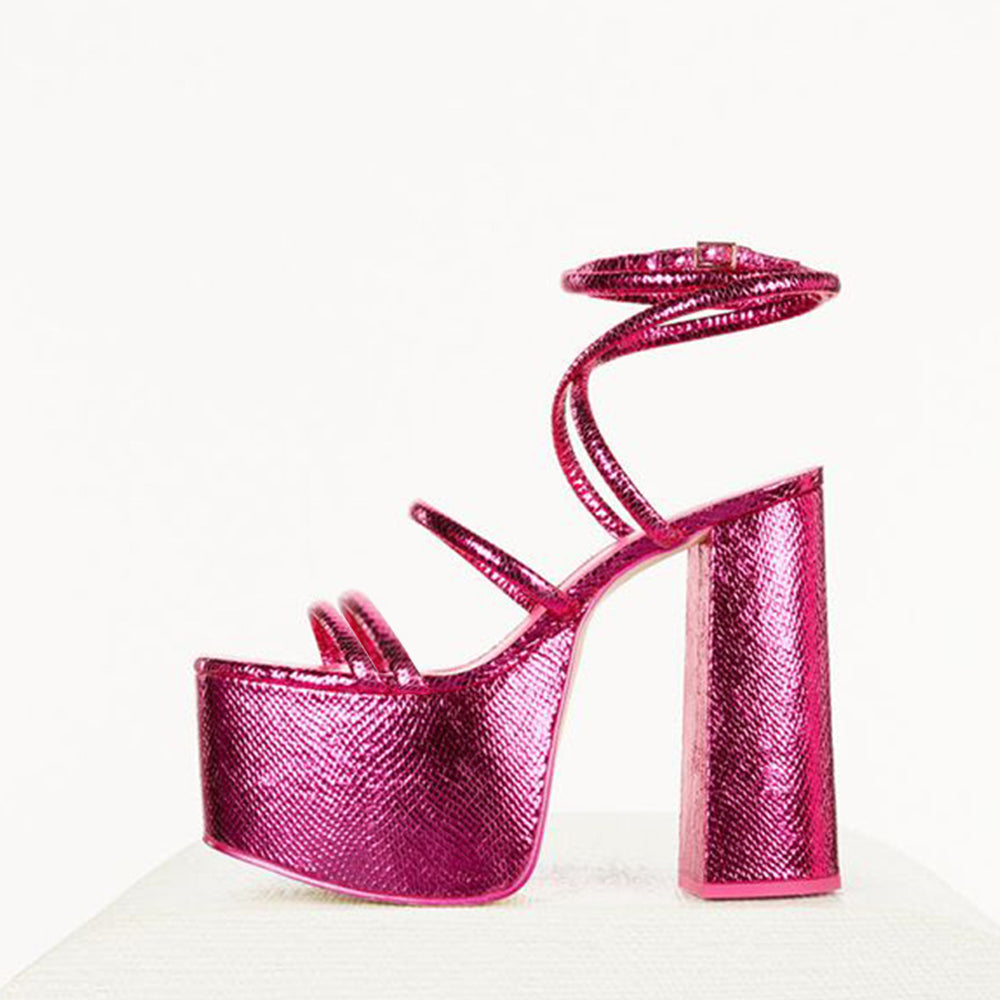 Fuchsia Embossed Open Toe Strappy High-Heel Sandals with Platform