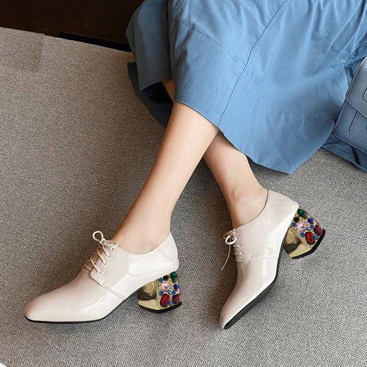 Beige Patent Leather Square Toe Decorative Heel Lace Up Oxford Shoes