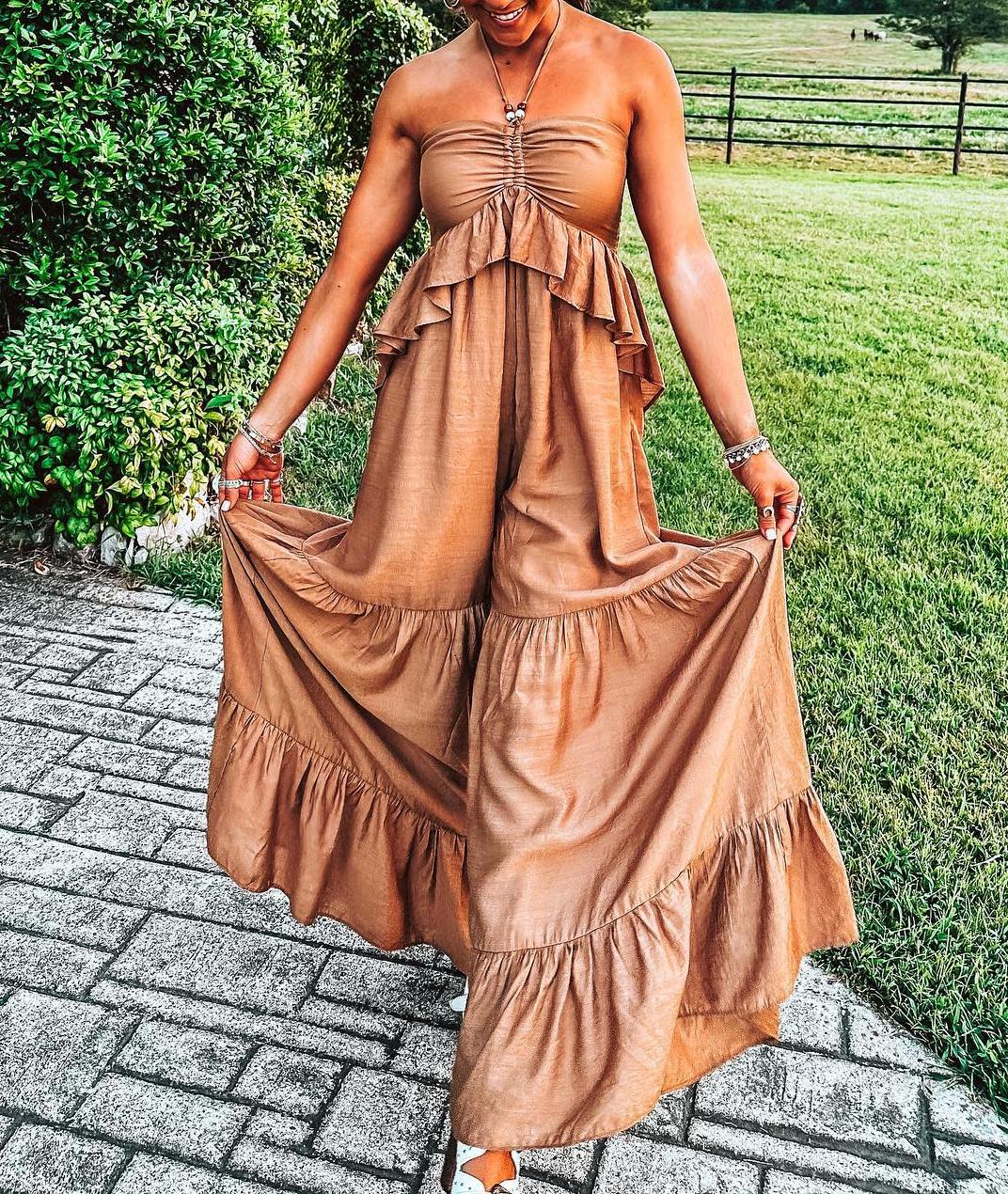 Vintage Brown Halter Ruffled Wide Leg Jumpsuit