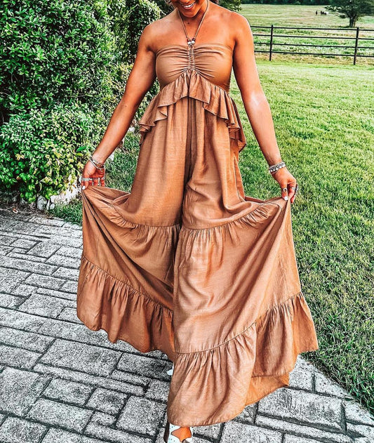 Vintage Brown Halter Ruffled Wide Leg Jumpsuit