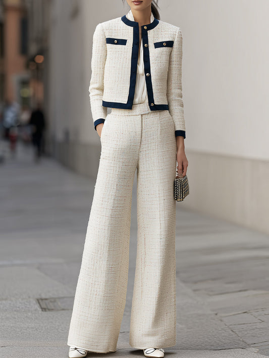 Elegant Two-Tone Tweed Wide-Leg Pantsuit
