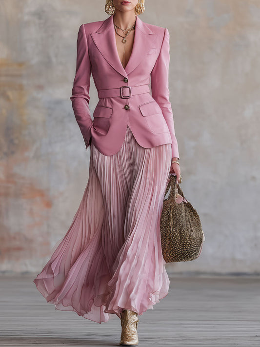 Elegant Pink Belted Blazer And Pleated Skirt Set