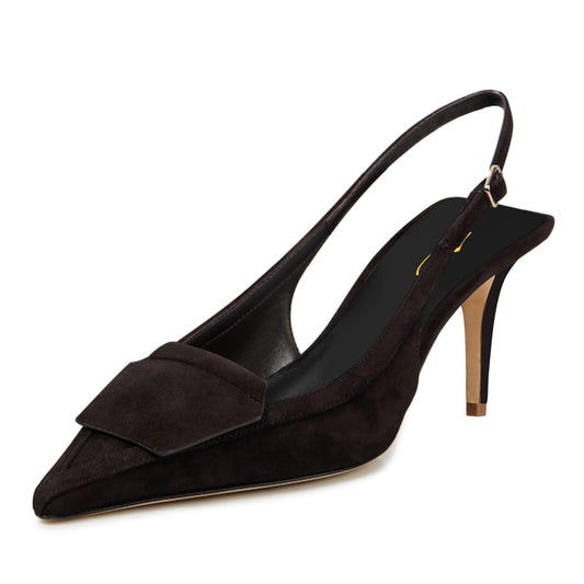 Dark Brown Vegan Suede Pointed Toe Classic Slingback Pumps Heels