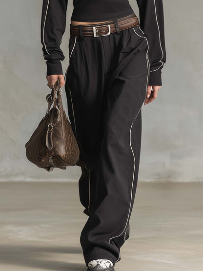 Exquisite And Fashionable Black Sports Cotton Front Zipper White Piping Top And Pants Set