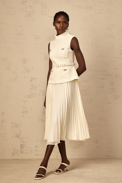 Dulcie Off-White Tulle Panel Tweed Midi Dress