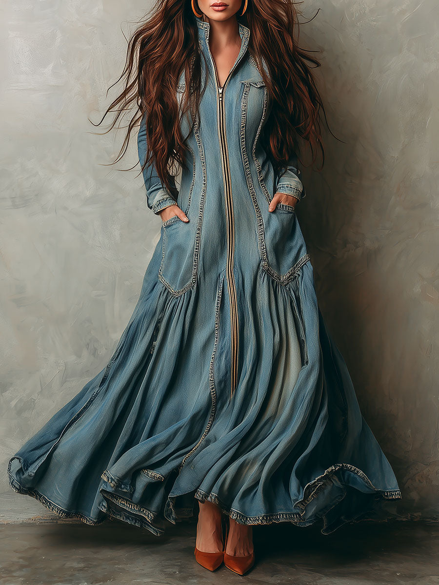 Elegant Light Blue Denim Flowing Tiered Skirt Maxi Dress