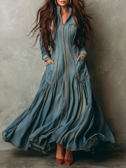 Elegant Light Blue Denim Flowing Tiered Skirt Maxi Dress