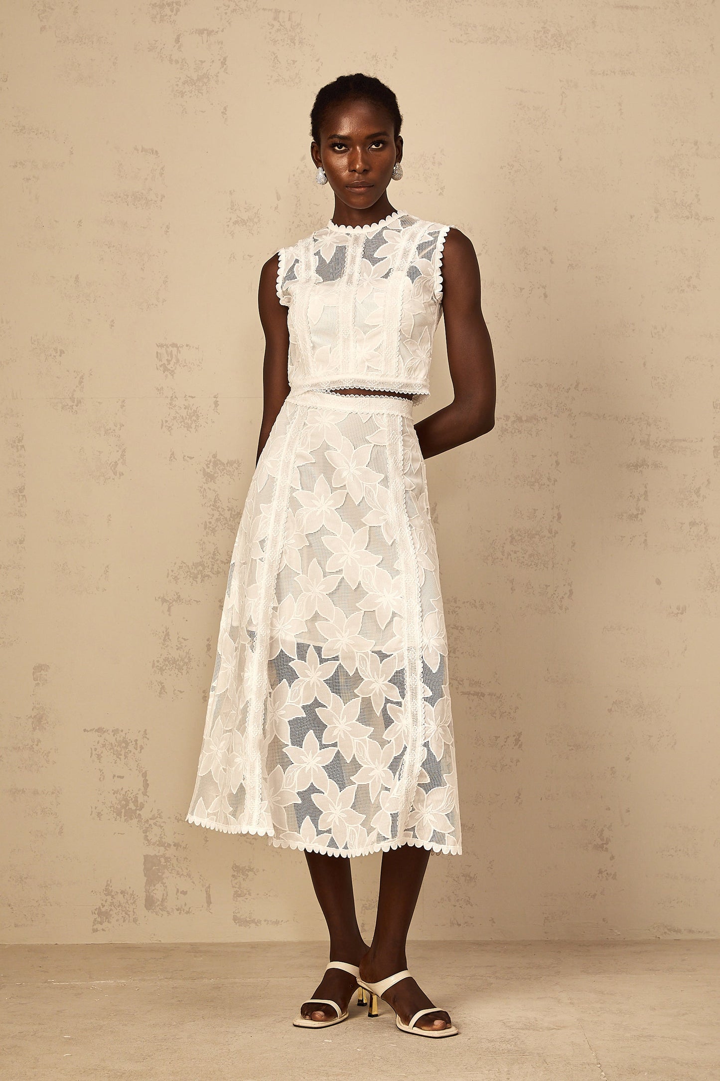 Mailys Floral Embroidered Top & Skirt Set in White