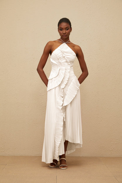 Doux White Ruffled Trim Pleated Midi Dress