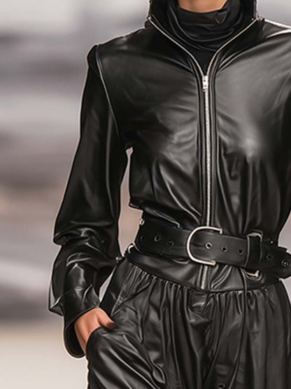 Fashionable Cool Lapel Black Faux Leather Front Zipper Long Sleeve Maxi Dress