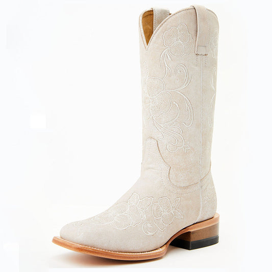 Beige Square Toe Floral Embroidered Cowgirl Boots with Chunky Heel