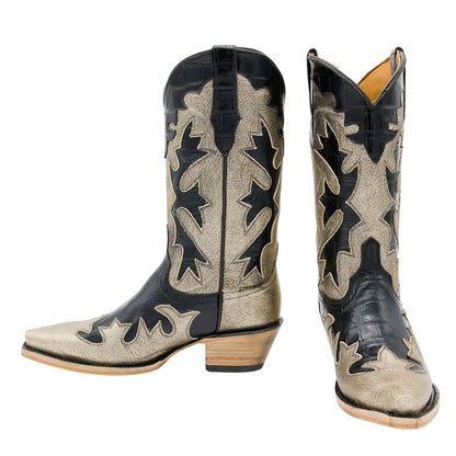 Gold & Black Block Heel Patchwork Snip Toe Western Boots for Women