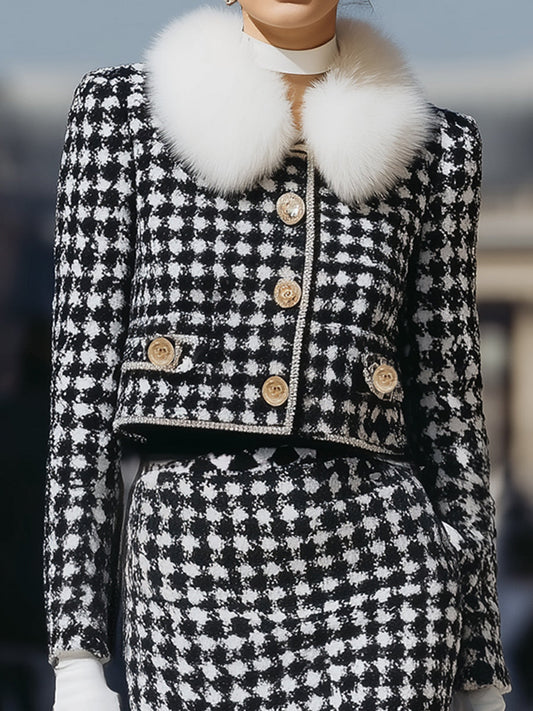 Elegant Houndstooth Tweed Skirt & Jacket Set With Detachable Faux Fur Collar