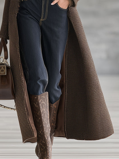 Fashion Retro Brown Houndstooth Wool Long Coat
