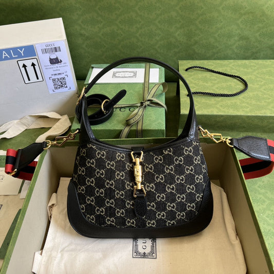 gg Jackie 1961 Small Shoulder Bag Black And Ivory gg Denim Jacquard For Women 11in/28cm 678843 UN3AG 1294
