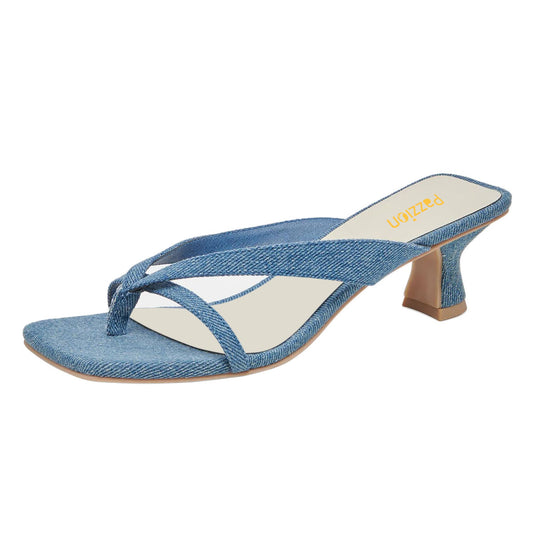 Denim Blue Square Toe Flared Mid Heel Flip Flops for Women