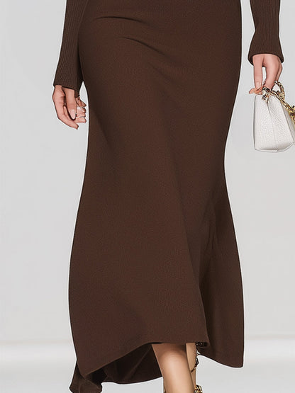 Fashionable Brown Button-down Jacket And Skirt Suit