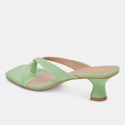 Fabric Square Toe Flared Mid Heel Green Flip Flops for Women