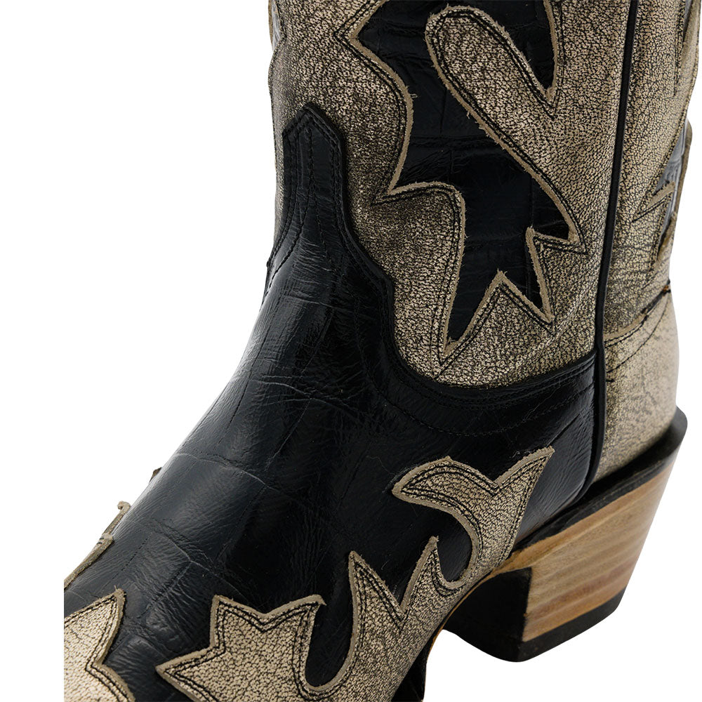 Gold & Black Block Heel Patchwork Snip Toe Western Boots for Women