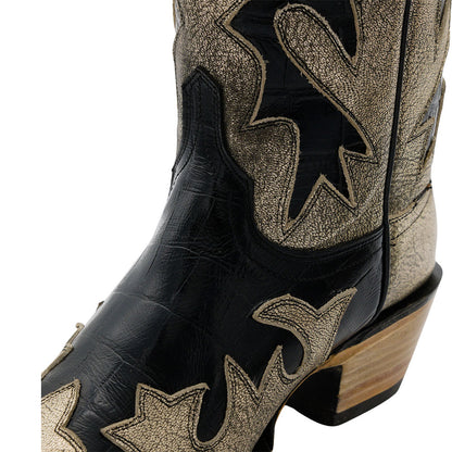 Gold & Black Block Heel Patchwork Snip Toe Western Boots for Women